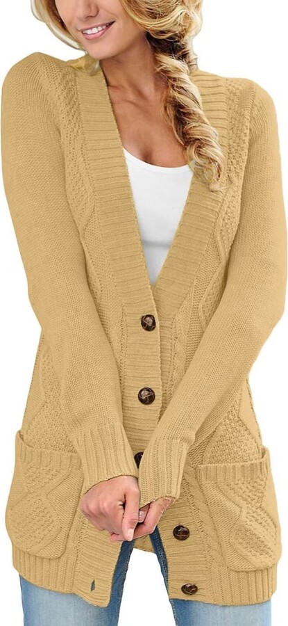 Dokotoo Open Front Button Down Cardigans for Womens UK Cable Knit Cardigan  Sweaters Loose Solid Color Jacket Outwear Dark Beige Medium Size 12 102 -  ShopStyle