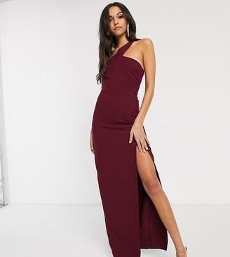 Vesper Tall one strap maxi dress with leg split in burgundy