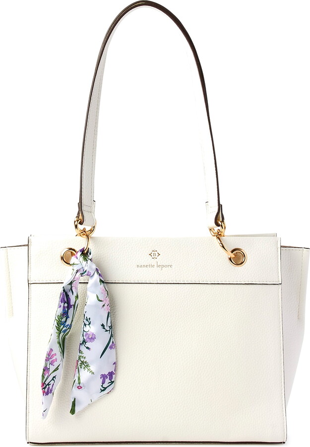 Nanette Lepore Women’s Adult Petro Straw Tote with Pouch and Scarf White