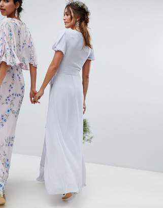 TFNC Wrap Maxi Bridesmaid Dress With Tie Detail And Puff Sleeves