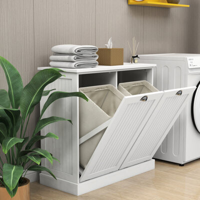 Latitude Run White Laundry Sorter With Two Compartments, Painting, Removable Bags For Storage, Simple Assembly, 100lb Load-bearing Capacity Cabinet, Material, Clot