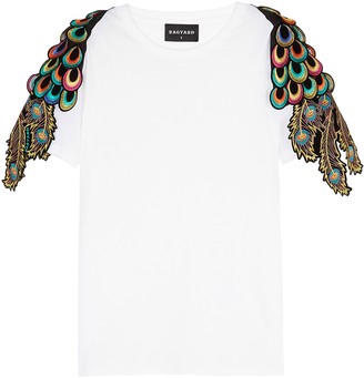 RAGYARD Peacock Feather-appliqued Cotton T-shirt