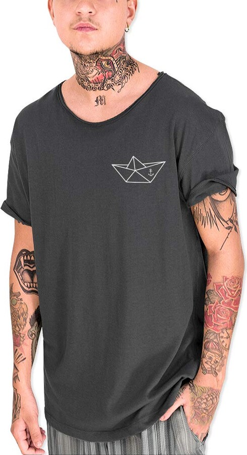 VIENTO Anchored Paper Ship Men's Open Neck T-Shirt (Charcoal - ShopStyle