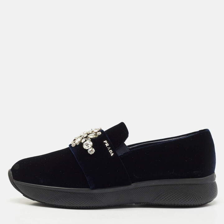 Prada Navy Blue Velvet Crystal Embellished Slip On Sneakers Size 38.5