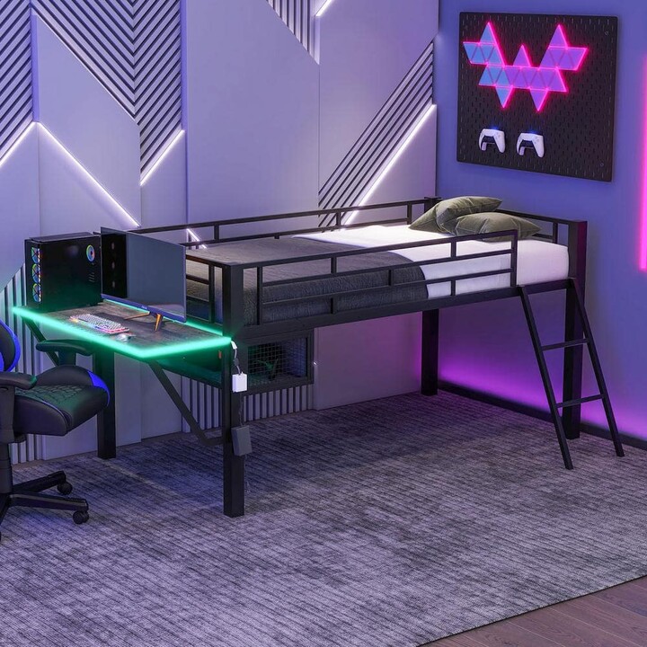 Gaming Style Black Twin Size Metal Loft Bed with Built-in Wood Tabletop, LED Light, Vented Mesh Undercarriage Storage
