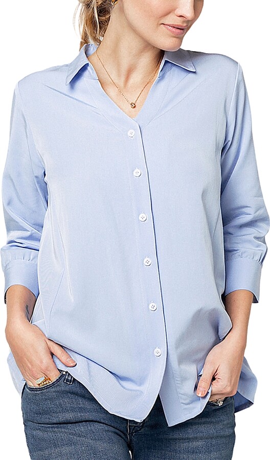 Marion Women's No-Gap 3/4 Sleeve Maternity & Nursing Button Down Shirt in with Bra Concealing Design in Tencel (Regular & Petite)