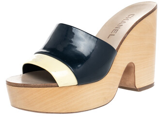 Chanel Cream/Blue Patent Leather CC Wooden Clogs Sandals Size 37.5 -  ShopStyle