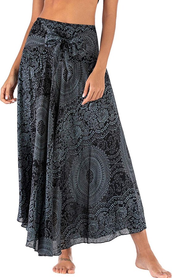 FEOYAWomen's Chiffon Maxi Skirt Summer Floral Printed Double Uses Dress  Ladies Long Skirts Dress High Waist Black-05 - ShopStyle