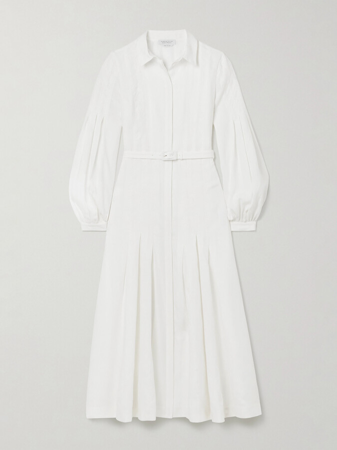 Gabriela Hearst Aleka Belted Pleated Linen Midi Shirt Dress - White