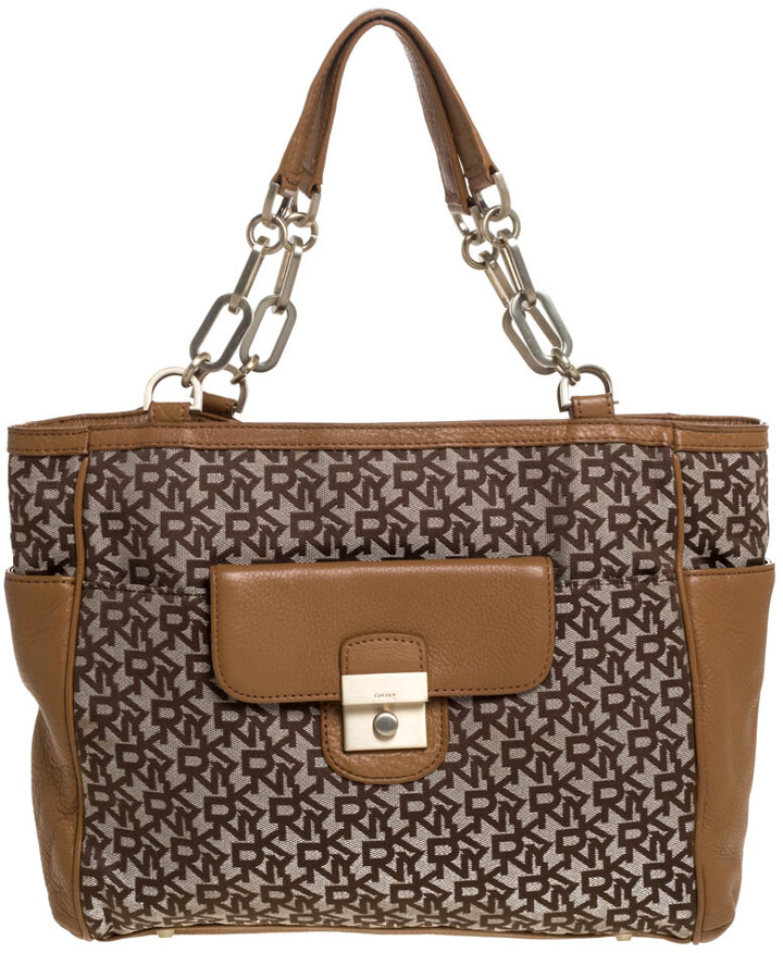 Dkny Beige/Brown Signature Canvas and Leather Shoulder Bag Dkny