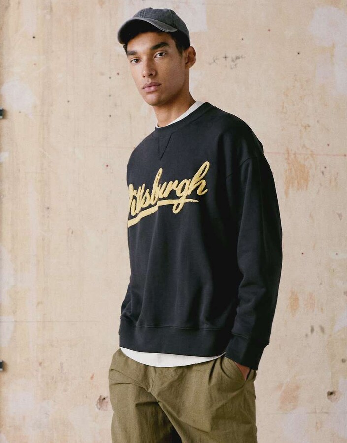 Topman relaxed fit sweatshirt with chenille Pittsburgh in black