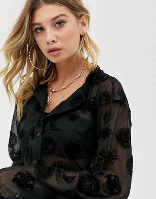 Rokoko fitted button front sheer shirt in sun and moon print