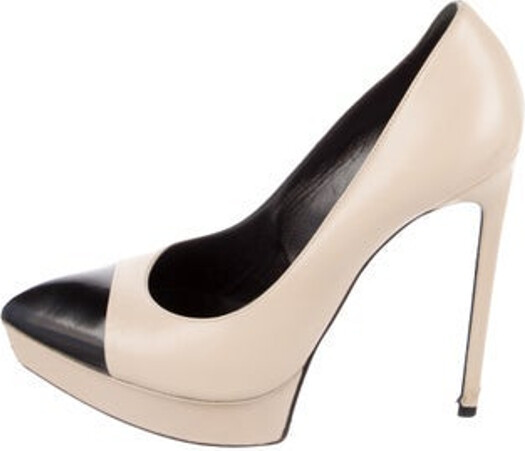 Saint Laurent Leather Pumps Black & Neutrals Colorblock Pattern Pointed-Toes Platform Designer
