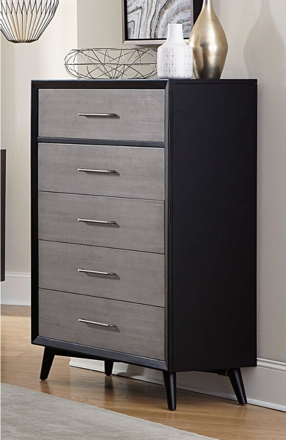 Contemporary Five Drawers Wood Chest with Metal Handles - Gray and Black