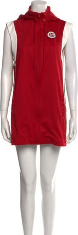 Gucci Shift Dress By Alessandro Michele Red Web Accent & Double G Logo Embroidered Accent Sleeveless with Mock Neck Concealed Zip Closure at Front Designer
