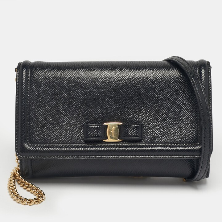 Ferragamo Black Leather Vara Bow Clutch Bag