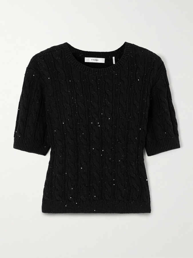 Frame Sequin-embellished Cable-knit Cotton-blend Sweater - Black