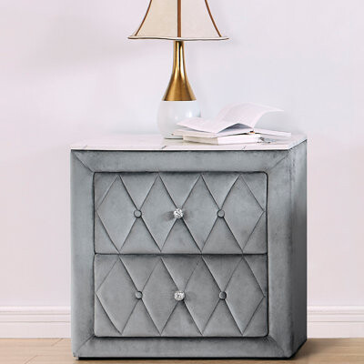 Everly Quinn 1Pc Faux Marble Top Nightstand 2- Drawers Storage Button Tufted Faux Crystal Tufted
