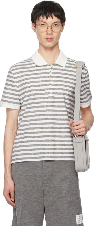 Thom Browne White & Gray Striped Short Sleeve Polo