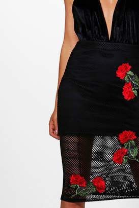boohoo Fishnet Applique Midi Skirt