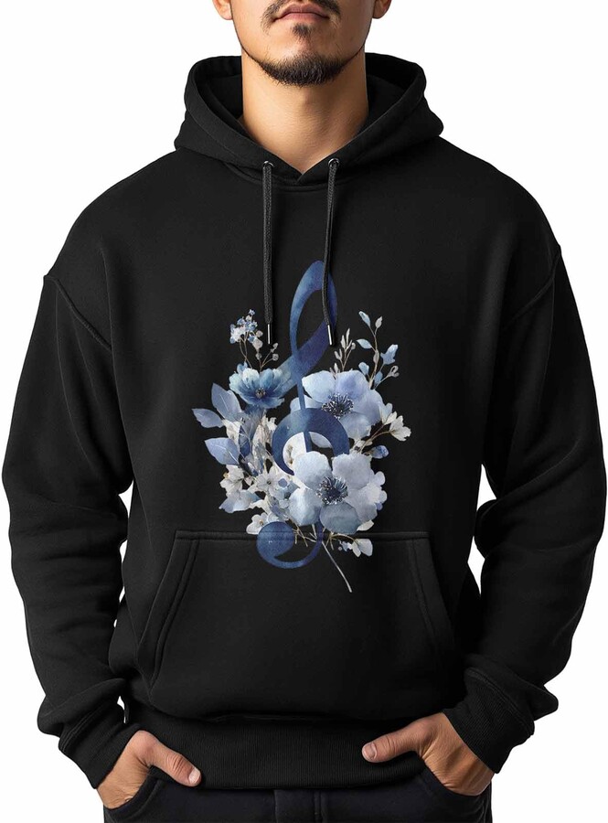 FANKIGETEBA Black Hooded Sweatshirt Blue Musical Notes Hoodie Men's Sweatshirts Retro Flower