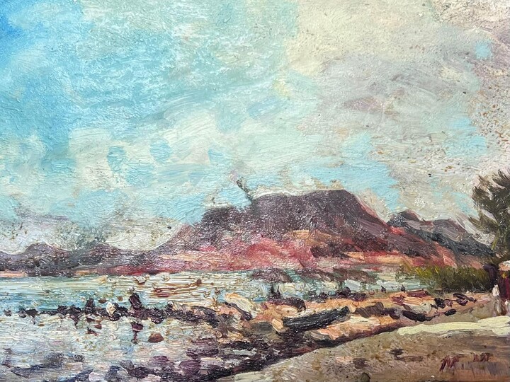 Maurice Mazeilie, French Impressionist Oil Landscape Pink Cliffs With Blue Skies