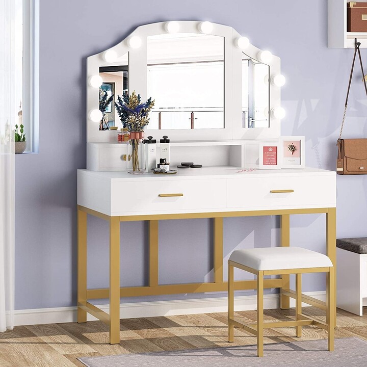 Tribesigns 47" Vanity Set with TriFolding Lighted Mirror and Stool