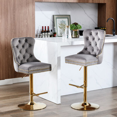 House of Hampton Modern Upholstered Velvet , 25 - 33 Inch Adjustable Seat Height, With Back, Comfortable For Home Pub Kitchen, Gray (2 Units Height Upholstered, , Kitc