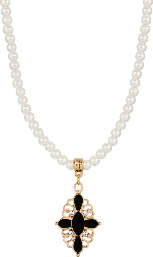 2028 Imitation Pearl and Crystal Jet Oval Drop Necklace