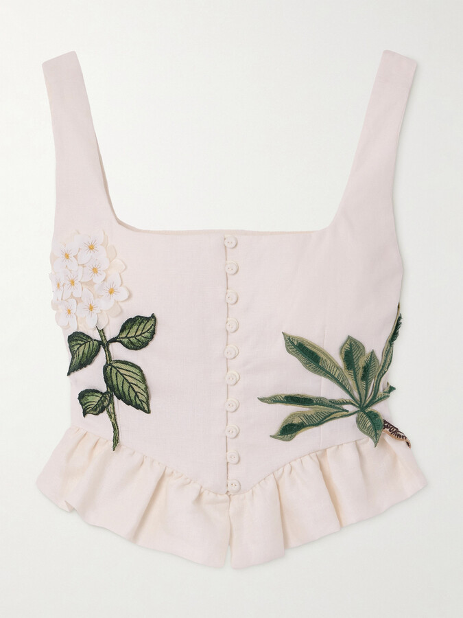 Agua by Agua Bendita Eslabon Appliquéd Embroidered Ruffled Linen Bustier Top - Cream