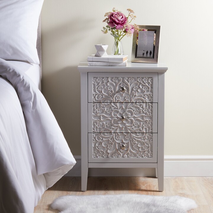 Dunelm Josie Floral 3 Drawer Bedside Table, Grey Grey ShopStyle Chests