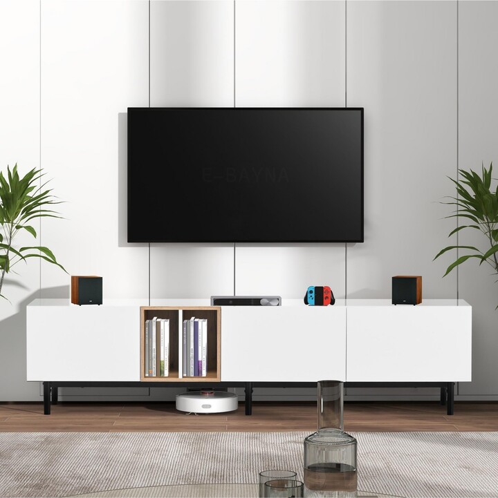 Rainsken Modern Tv Stand for 80'' Tv Wooden Entertainment Center Media Console with 3 Storage Cabinets and Open Shelves for Living Room