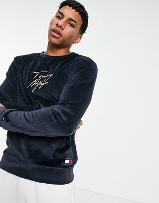 Tommy Hilfiger lounge velour sweatshirt in navy with gold script logo -  ShopStyle Jumpers & Hoodies