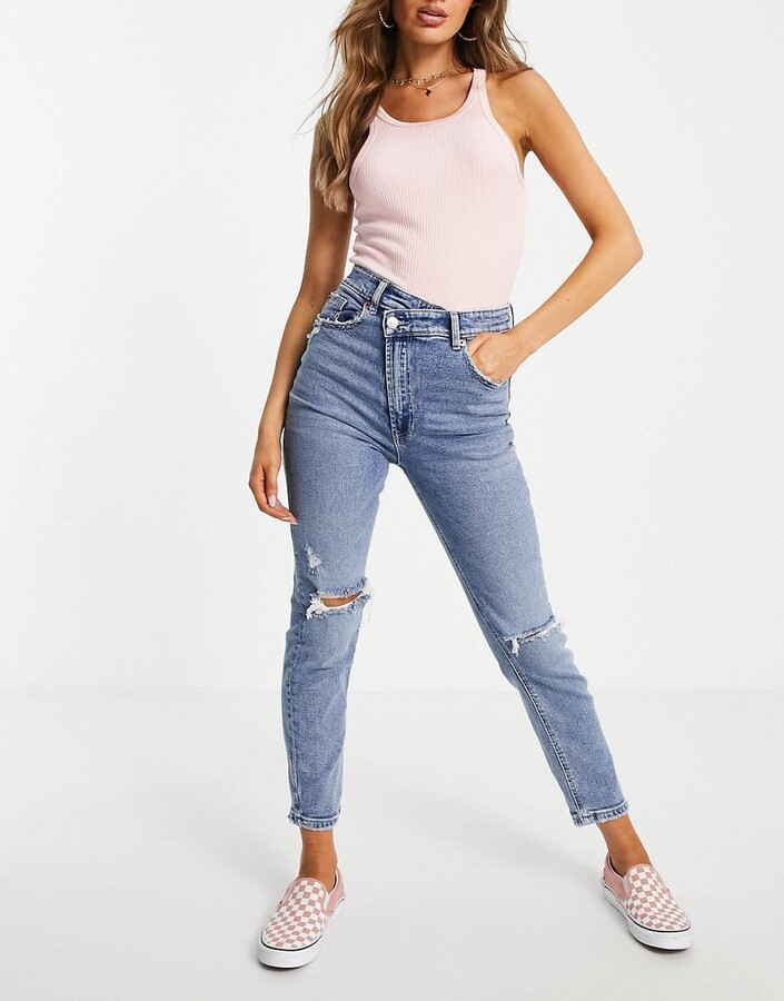 Stradivarius slim mom jean with stepped waistband in medium blue