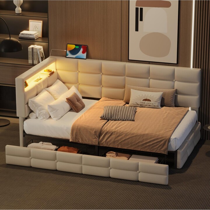 Streamdale Furniture Upholstered Twin Daybed with Storage Led Lights & Charging