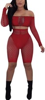 Thumbnail for your product : Starstreetcom Sexy 3 Piece Set Women Long Sleeve Off Shoulder Mesh Crop Tops Fishnet Tops Shorts Bottoms Set (Tag S(UK 6)