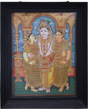 Exotic India Krishna With Rukmani & Satyabhama | Traditional Colors With 24K Gold | Teakwood Frame