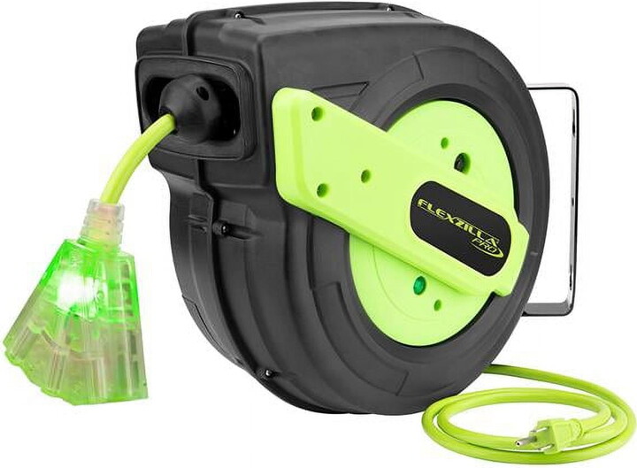 Flexzilla® Pro Retractable Extension Cord Reel, 60', 12/3 AWG SJTOW, Grounded Triple Tap Outlet, Indoor/Dry Locations, ZillaGreen™