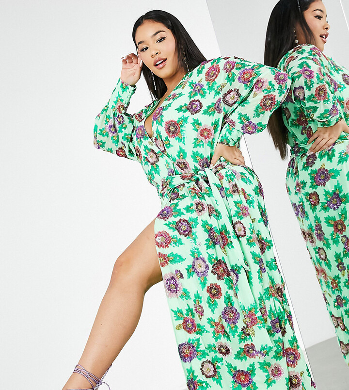 ASOS EDITION Curve sequin wrap midi dress in green floral ShopStyle