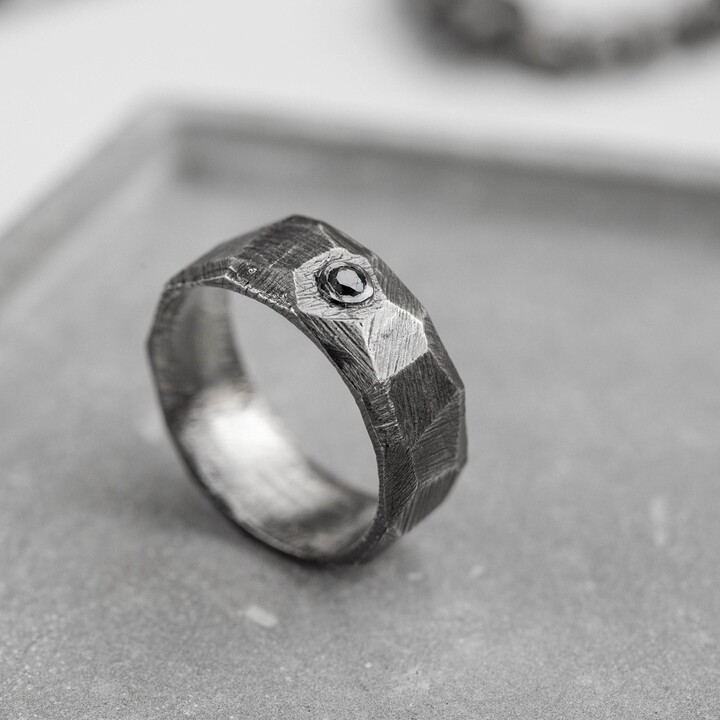 Etsy Black Diamond Ring Men Brutalist Wide Band Oxidized Silver 925 - Custom Engraved Faceted Wedding For Him Sr00070