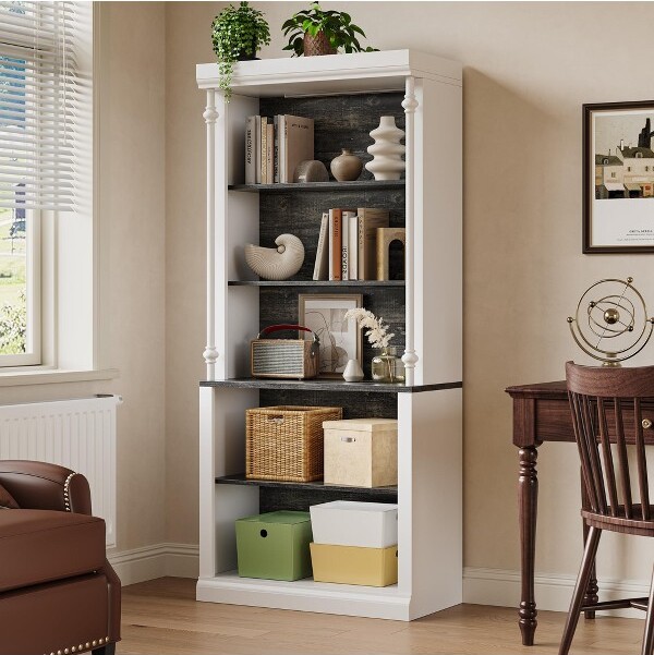 DobleePy 5TierWhiteBookcase71InchTallWoodBookshelfwithAdjustableLEDLights/Shelf&USBChargingPortVintageDisplayCabinetforLivingRoom