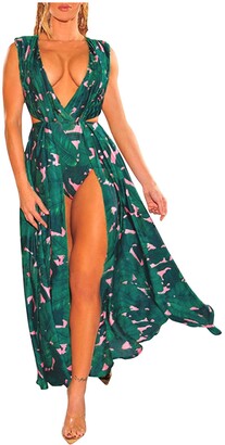 MILONT Women Maxi Skirt Women's Sleeveless V-Neck Boho Floral Print Beach High Split Maxi Dress Summer Maxi Dresses for Women UK