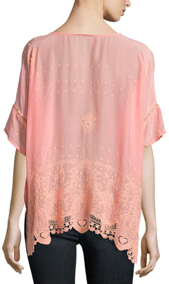 Johnny Was Princess Short-Sleeve Georgette Top, Coral Sunset, Plus Size