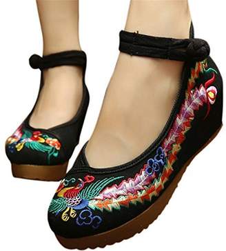 Qhomeshoes Qhome Women's Chinese Phoenix Embroidered Oxfords Rubber Sole Cheongsam Shoes