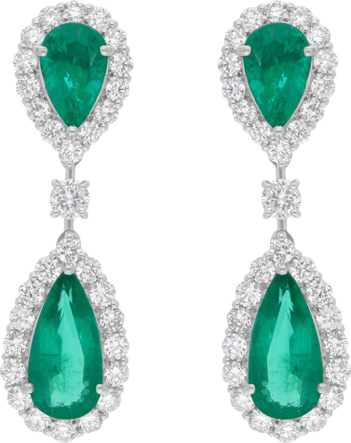 Spectrum Jewels 4.68 Carat Zambian Emerald Earrings 1.96 Carat Si/h Diamond 14 Karat White Gold