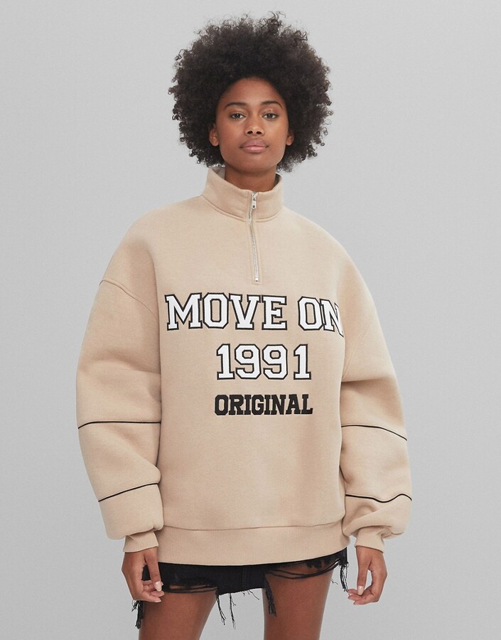 Bershka zip up collegiate sweatshirt in beige - ShopStyle