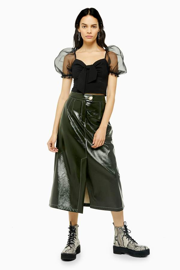 Topshop Dark Green A-Line Faux Leather Vinyl Midi Skirt - ShopStyle