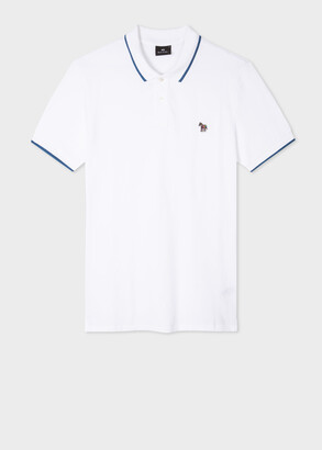 Paul Smith Men's Slim-Fit White Zebra Logo Cotton Polo Shirt With Blue Tipping
