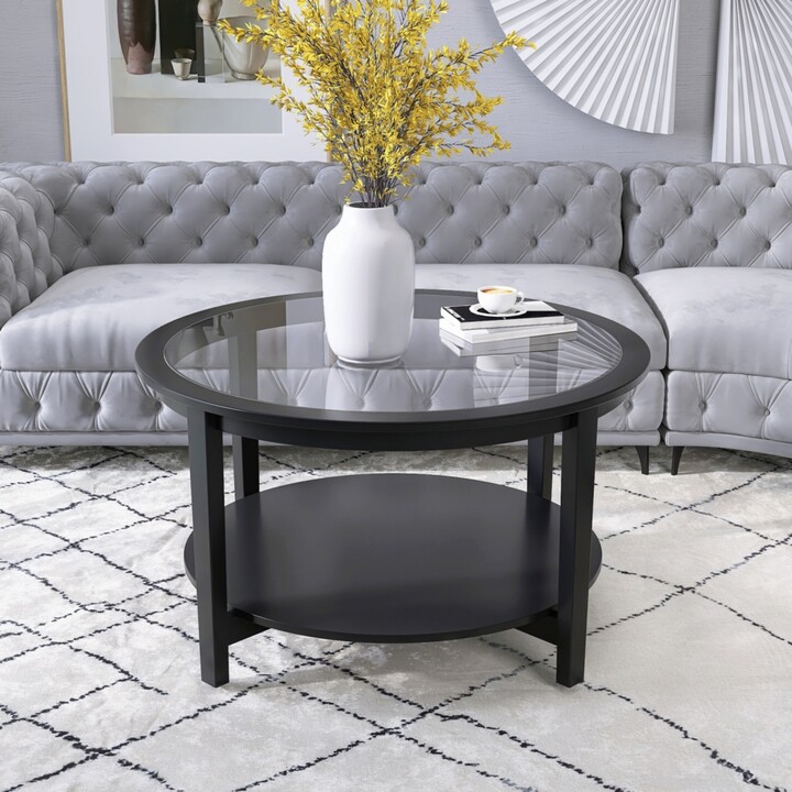 Simplie Fun Round glass top solid wood storage coffee table, black ...