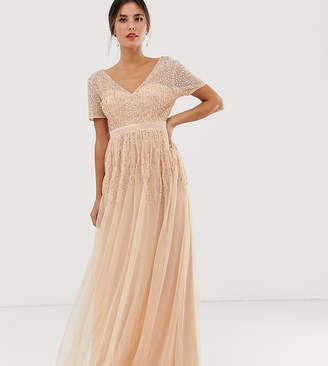 Maya mesh all over scattered sequin pleated maxi dress in soft peach